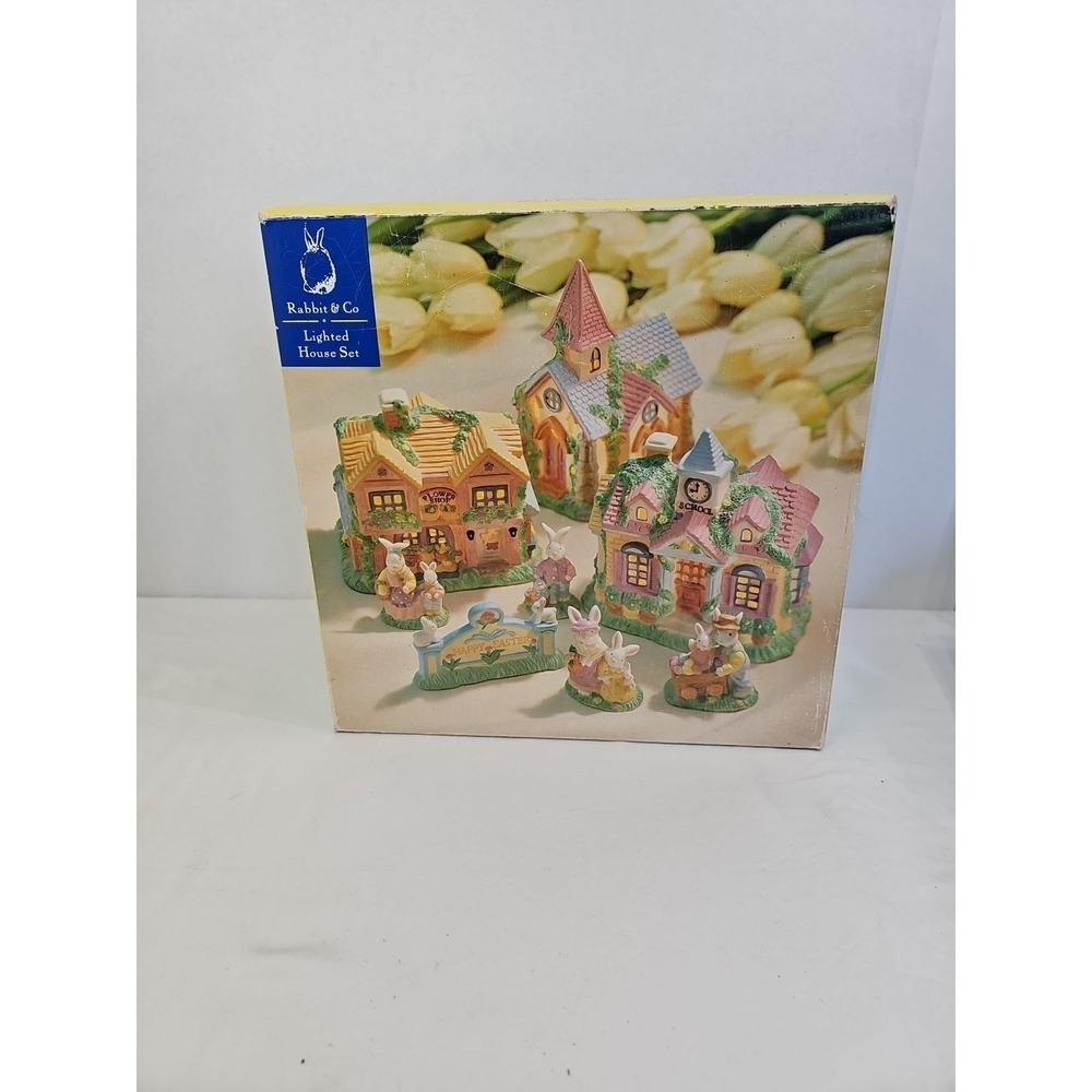 Vintage MERVYN'S EASTER VILLAGE FLOWER SHOP, SCHOOL, LIGHT UP SET, Happy Easter
